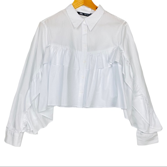 ZARA Frilly Exaggerated Ruffle Sleeve Poplin Button Down Cotton Pirate Blouse - Picture 7 of 13